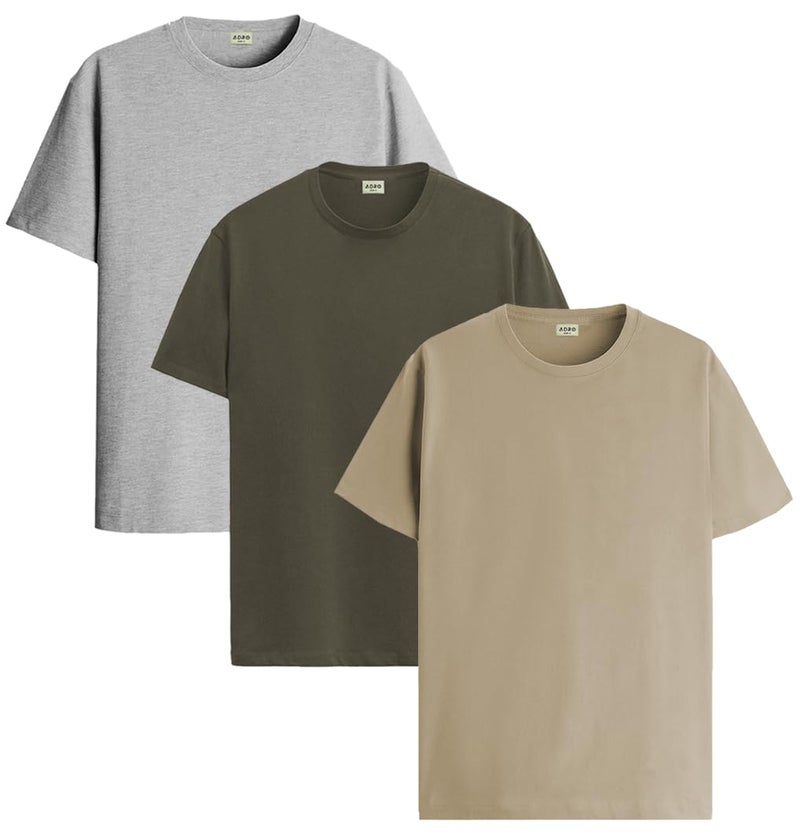 ADRO Men Cotton T Shirts Pack of 3 Regular Fit Combo Solid Tshirt | Rcm3-Pln-Gr-Ol-Be-2Xl, Assorted - Image 1