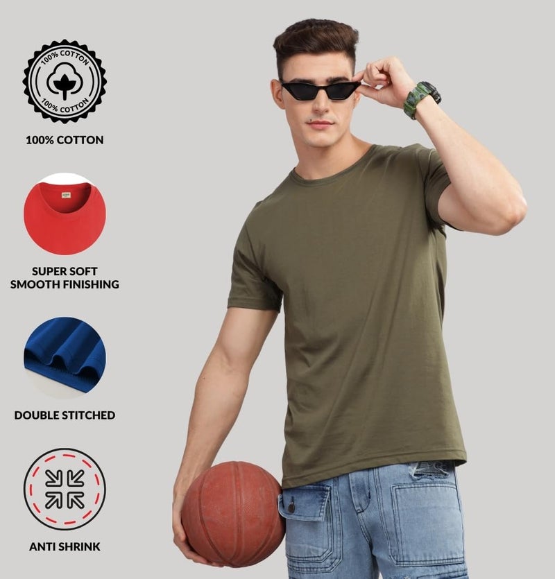 ADRO Men Cotton T Shirts Pack of 3 Regular Fit Combo Solid Tshirt | Rcm3-Pln-Gr-Ol-Be-2Xl, Assorted - Image 3