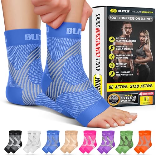 BLITZU Compression Socks for Plantar Fasciitis, Achilles Tendonitis, Arthritis Relief, Ankle Brace Compression Sleeve with Foot Arch Support, Ankle Wrap for Women, Men, Swelling & Heel Pain Blue XXL - Image 1