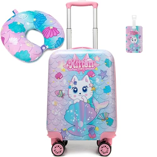 Inprof Cute Cat Kid's Luggage Set: 2 Piece Hardside Spinner Wheels Suitcase Set, 16' Airline Approved, Pink Cat Pattern, Ages 5+ - Image 1
