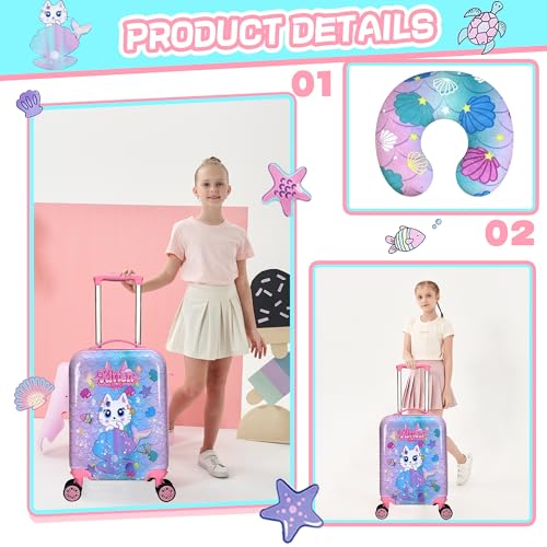 Inprof Cute Cat Kid's Luggage Set: 2 Piece Hardside Spinner Wheels Suitcase Set, 16' Airline Approved, Pink Cat Pattern, Ages 5+ - Image 3