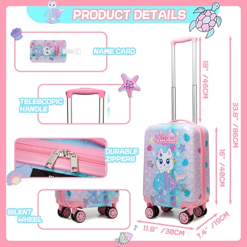 Inprof Cute Cat Kid's Luggage Set: 2 Piece Hardside Spinner Wheels Suitcase Set, 16' Airline Approved, Pink Cat Pattern, Ages 5+ - Image 2