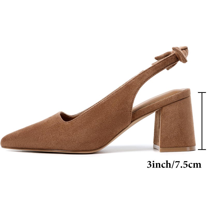 Mostrin Brown Suede Block Slingback Heels for Women Pointed Closed Toe Chunky Heels Bow Women's Pumps for Office Work Business Casual - Image 5