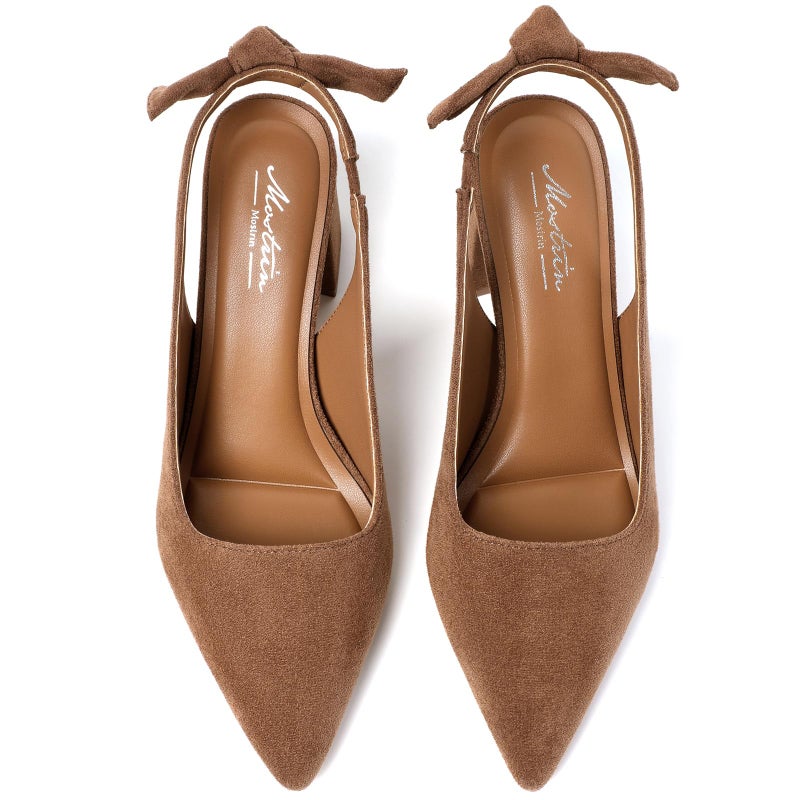 Mostrin Brown Suede Block Slingback Heels for Women Pointed Closed Toe Chunky Heels Bow Women's Pumps for Office Work Business Casual - Image 4