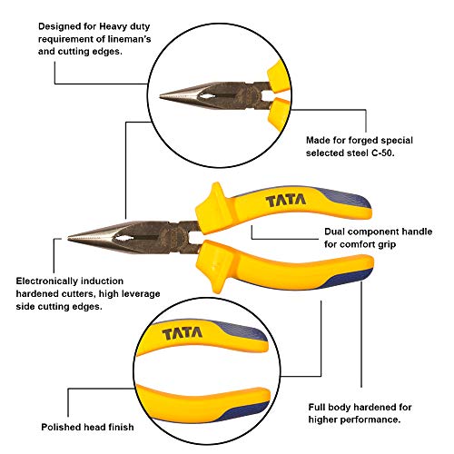 AGRICO Tata Agrico 6 Inch Long Nose Plier | Chrome Vanadium Steel | Induction Hardened Cutting Edges | Forged C50 Steel | Polished Head | Comfort Grip Handle | Durable Hand Tool | (Pack of 1, PLN001) - Image 3