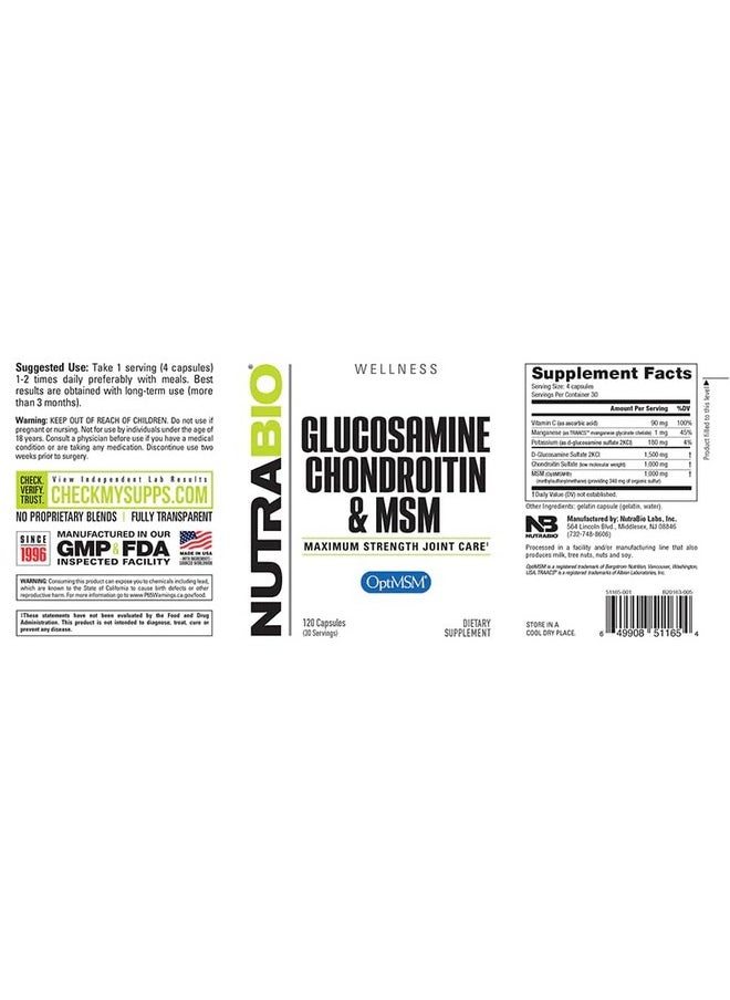 NutraBio NutraBio Glucosamine Chondroitin & OptiMSM Supplement, Joint Support Formula - 120 Capsules (120 Count)  - Image 3