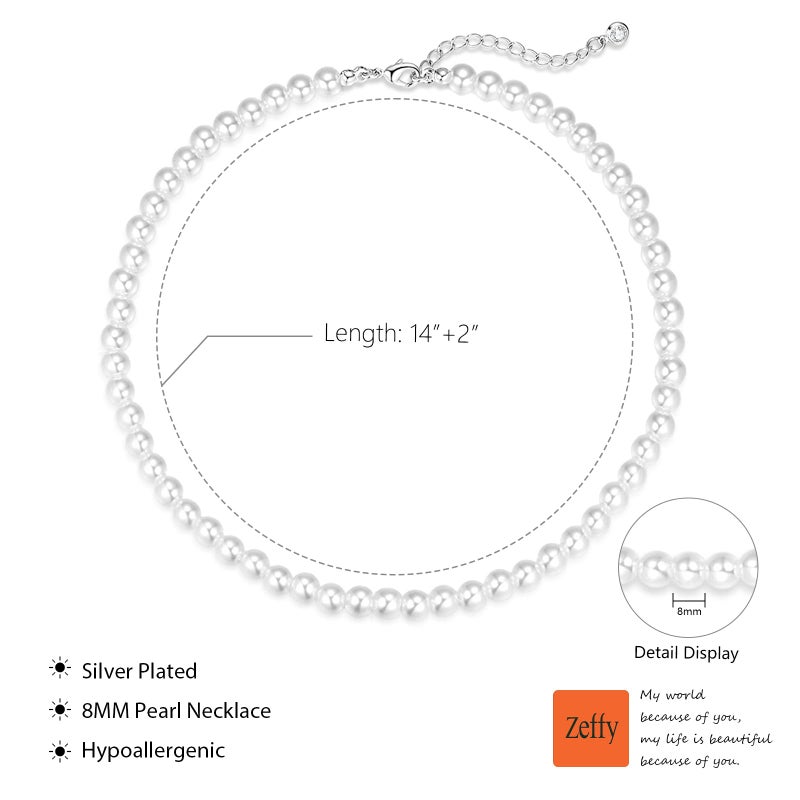 Zeffy Pearl Necklace for Women, 8MM Dainty Round Imitation Pearl Choker Wedding Delicate Jewelry for Women Simple Bridesmaid Jewelry Gifts - Image 2