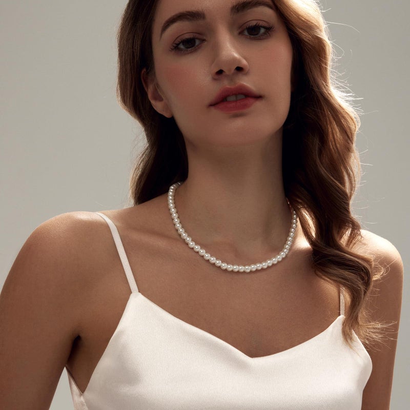 Zeffy Pearl Necklace for Women, 8MM Dainty Round Imitation Pearl Choker Wedding Delicate Jewelry for Women Simple Bridesmaid Jewelry Gifts - Image 4
