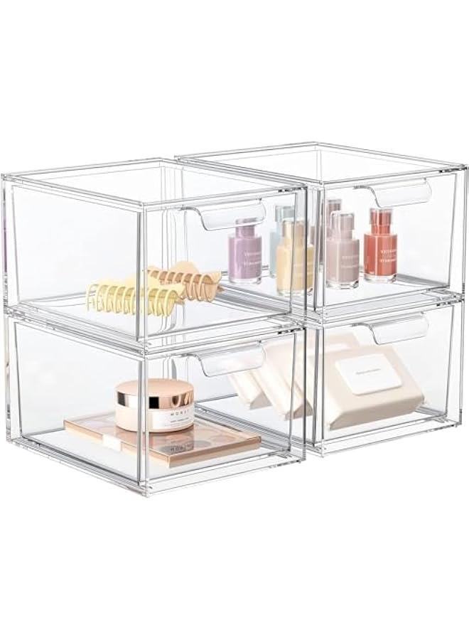 HOOKOR Stackable Makeup Organizer and Storage, Acrylic Organizers，Clear Plastic Storage Drawer with Handles for Vanity, Undersink, Kitchen Cabinets, Pantry (Clear 4Pack) - Image 1
