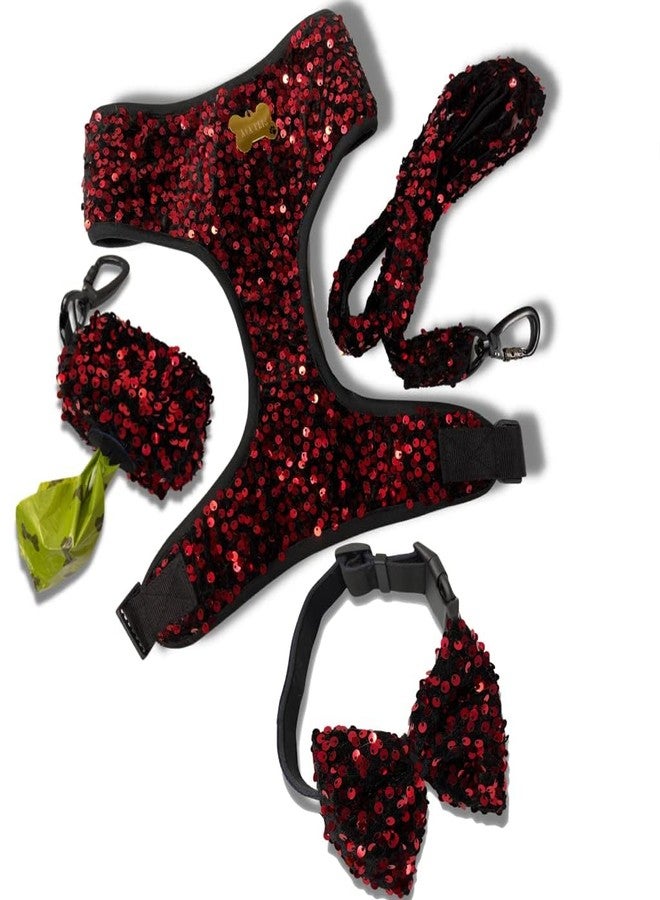 A+a Pets' Sequins Set of 5- Harness, Leash, Collar, Bow & Poo Bag Pouch for Dogs and Cats (L, Pink) - Image 1
