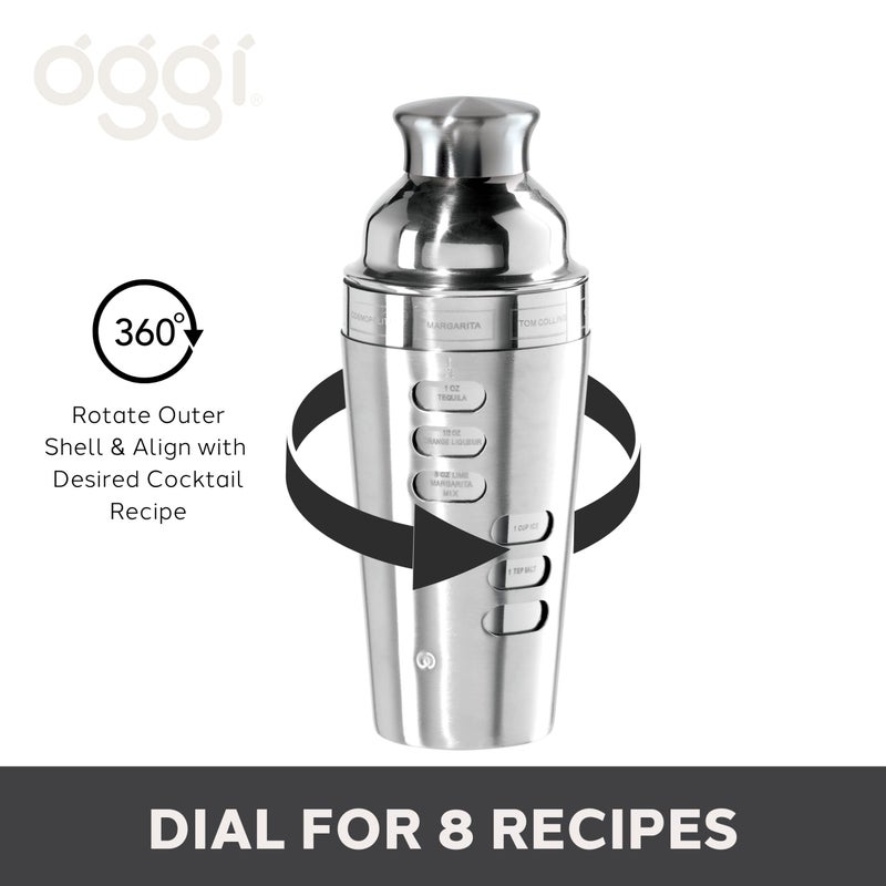 OGGI Dial A Drink Cocktail Shaker-23oz Stainless Steel Shaker, 8 Recipes, Stainless Steel Lid has Built In Strainer, Ideal Cocktail Mixer, Martini Shaker, Margarita Shaker & More, Stainless - Image 5