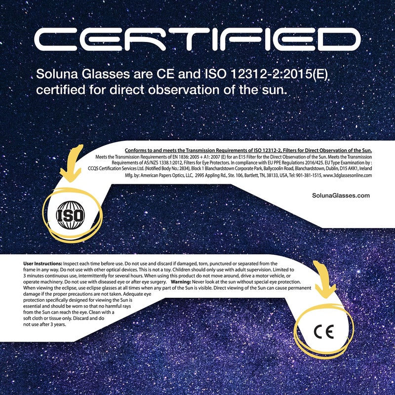 Soluna Solar Eclipse Glasses AAS Approved 2024 - Made in the USA CE and ISO Certified Safe Shades for Direct Sun Viewing (5 Pack) - Image 3