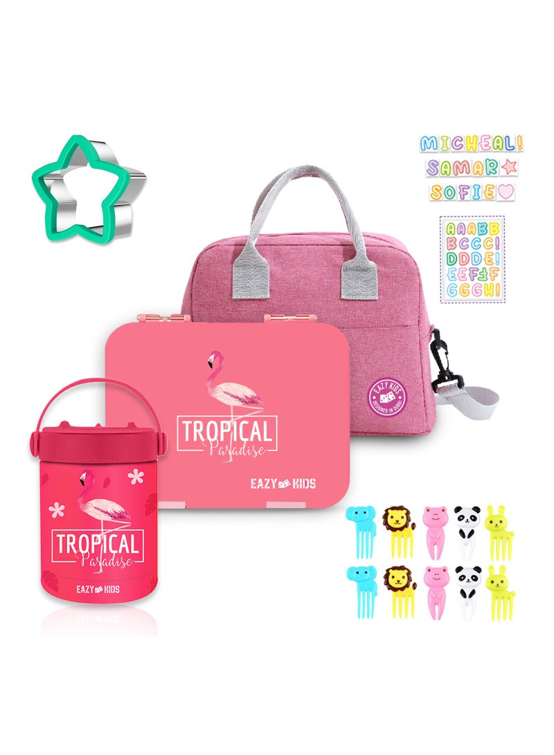 Eazy Kids صندوق غداء بنتو 6/4 مقسم مع حقيبة غداء وجرّة طعام فولاذية جاوسوم - وردي - Image 1