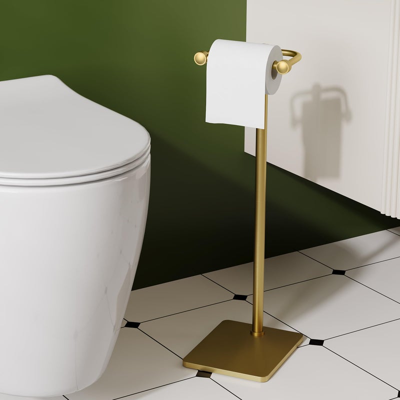Ruacq Toilet Paper Holder Stand  Bathroom Toilet Paper Roll Holder Free Standing  Toilet Tissue Holder Stand With Post Pivoting Design  Stable Weighted Base  Sus304 Stainless Steel (Brushed Gold) - Image 2