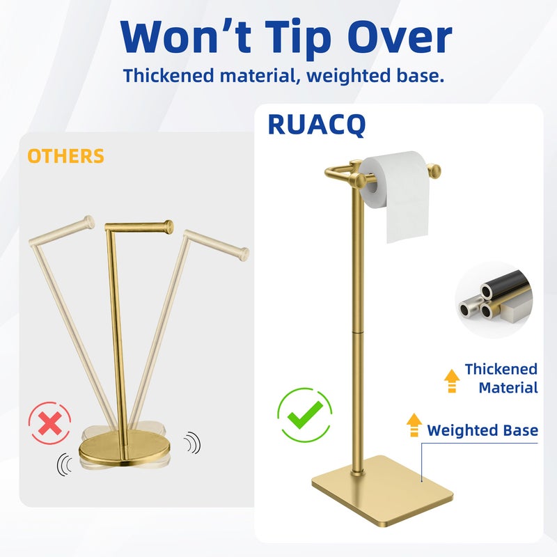 Ruacq Toilet Paper Holder Stand  Bathroom Toilet Paper Roll Holder Free Standing  Toilet Tissue Holder Stand With Post Pivoting Design  Stable Weighted Base  Sus304 Stainless Steel (Brushed Gold) - Image 5