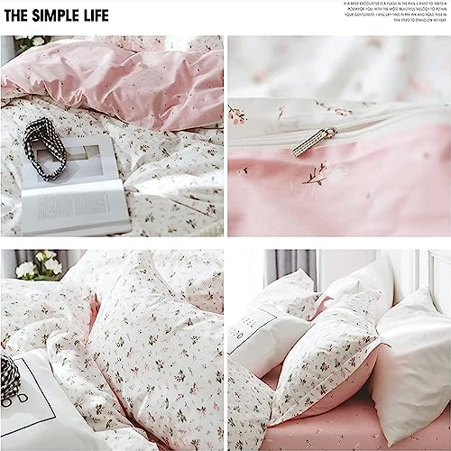 AMWAN Cotton Floral Duvet Cover Queen Pink White Floral Bedding Sets Vintage Style Garden Floral Comforter Cover Boho Flower Botanical Duvet Cover Girls Women Aesthetic Queen Duvet Cover with Zipper Ties - Image 4