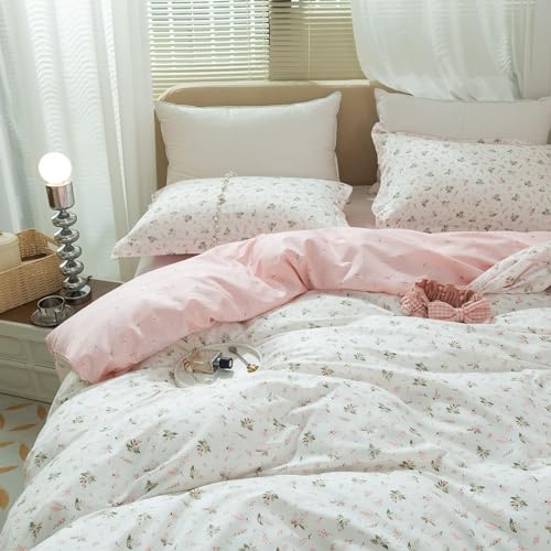 AMWAN Cotton Floral Duvet Cover Queen Pink White Floral Bedding Sets Vintage Style Garden Floral Comforter Cover Boho Flower Botanical Duvet Cover Girls Women Aesthetic Queen Duvet Cover with Zipper Ties - Image 2
