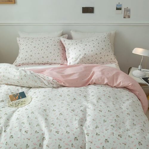 AMWAN Cotton Floral Duvet Cover Queen Pink White Floral Bedding Sets Vintage Style Garden Floral Comforter Cover Boho Flower Botanical Duvet Cover Girls Women Aesthetic Queen Duvet Cover with Zipper Ties - Image 1