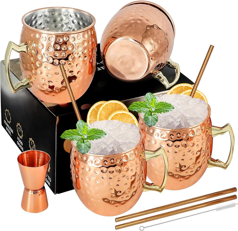 SuproBarware Moscow Mule Mugs Plated Copper Mule Cup Kit 18oz Set of 4 with Handle Large Hammered Stainless Steel Cups with 0.5oz Double Jigger, Stainless Steel Straws for Cold Drinks Cocktails Wine - Image 1