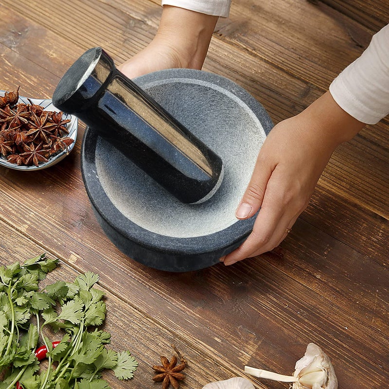 EZAHK EZAHK Stone and Mortar and Pestle Set Pure Black granite 625 inch Large Size For Kitchen  - Image 2