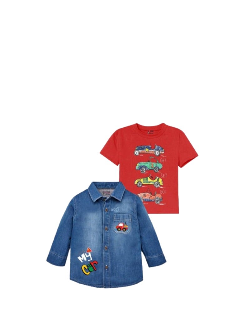 A red half sleeve T-shirt and a denim sleeve shirt