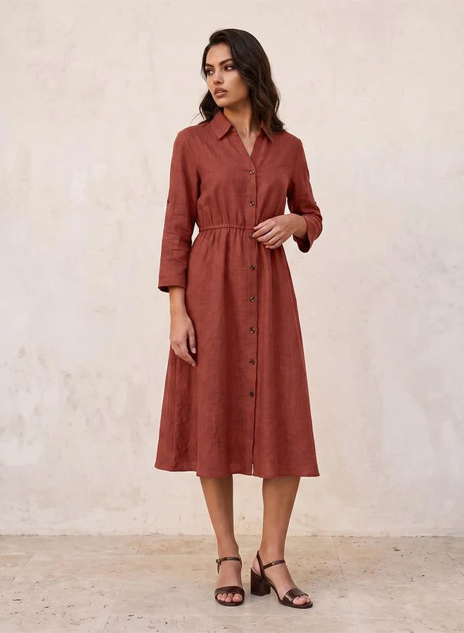Splash FAV Fav Linen Midi Shirt Dress with Roll-Up Sleeves