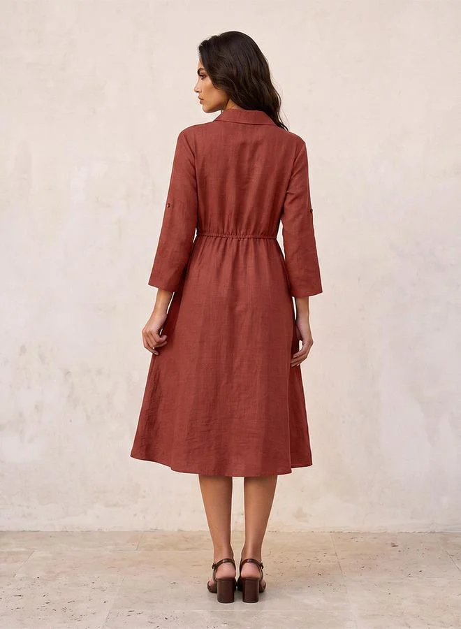 Splash FAV Fav Linen Midi Shirt Dress with Roll-Up Sleeves
