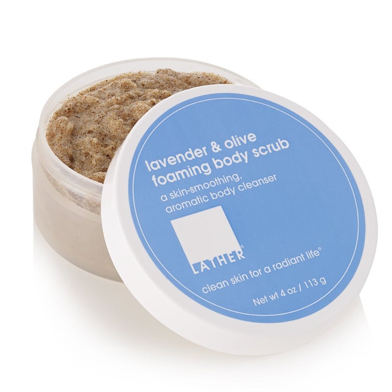LATHER Lavender  Olive Foaming Body Scrub  Gentle Exfoliating  Hydrating Scrub for All Skin Types  Leaves Soft  Smooth Skin  Scrub for the Body Hands  Feet  4 Oz Jar