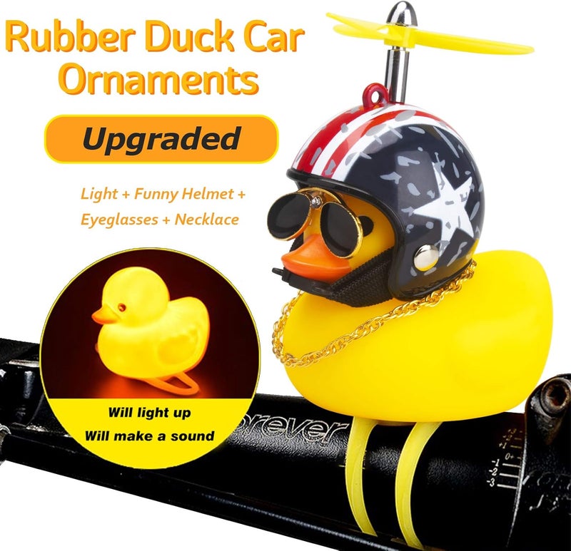 wonuu Rubber Duck Toy Car Ornaments Yellow Duck Car Dashboard Decorations Squeeze Duck Bicycle Horns with Propeller Helmet - Image 2