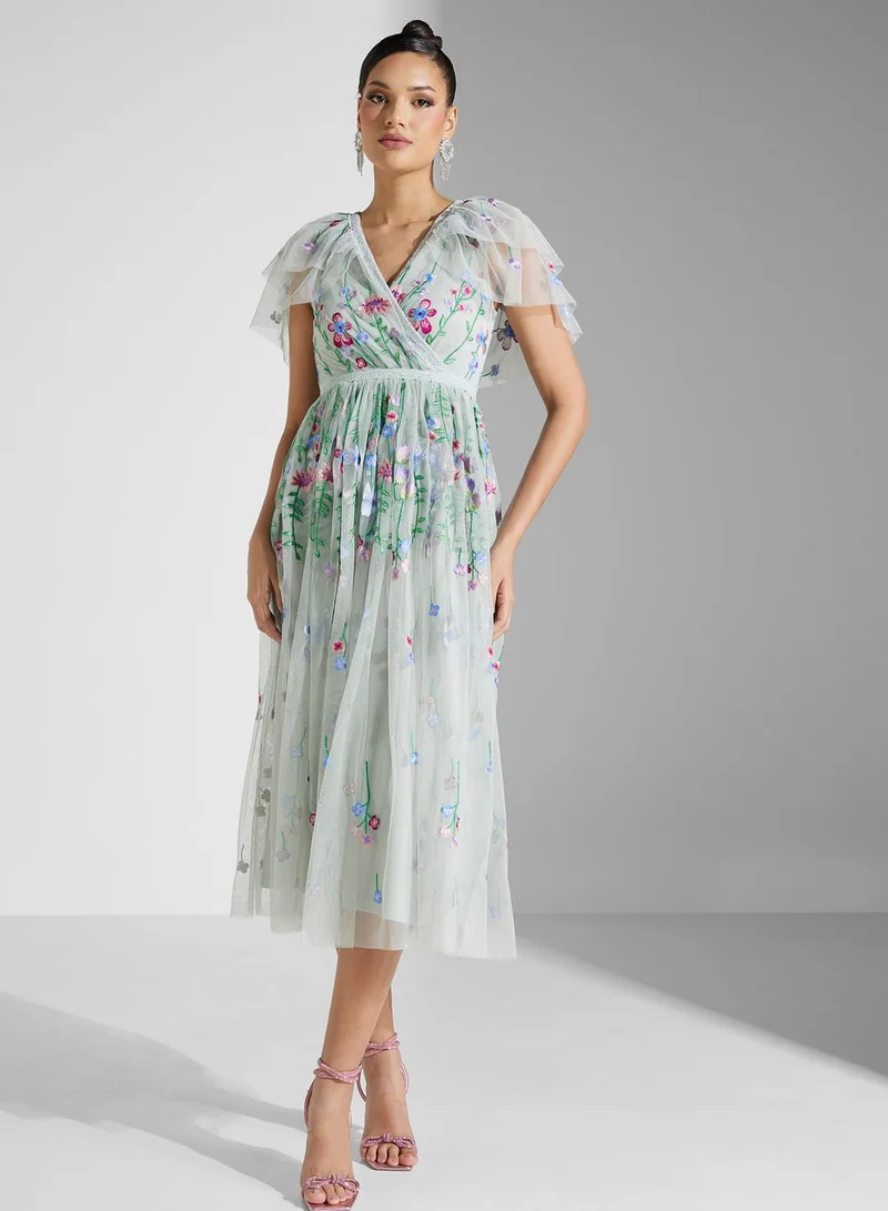 Frock and Frill Floral Tulle Midi Dress