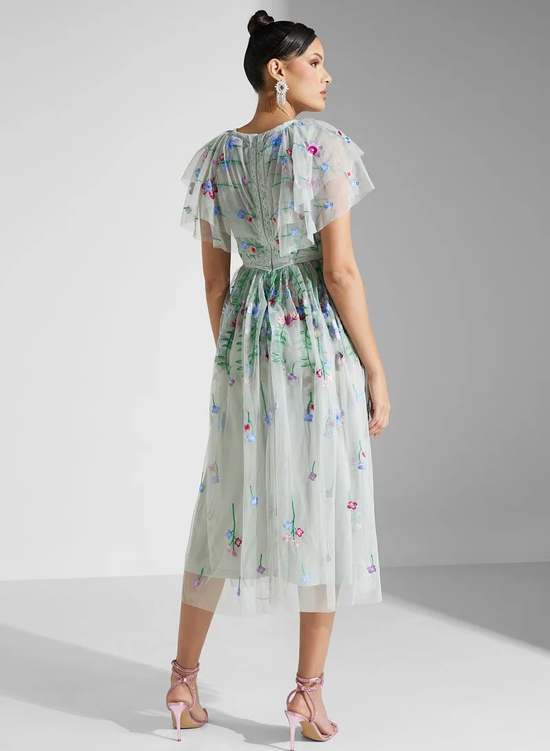 Frock and Frill Floral Tulle Midi Dress