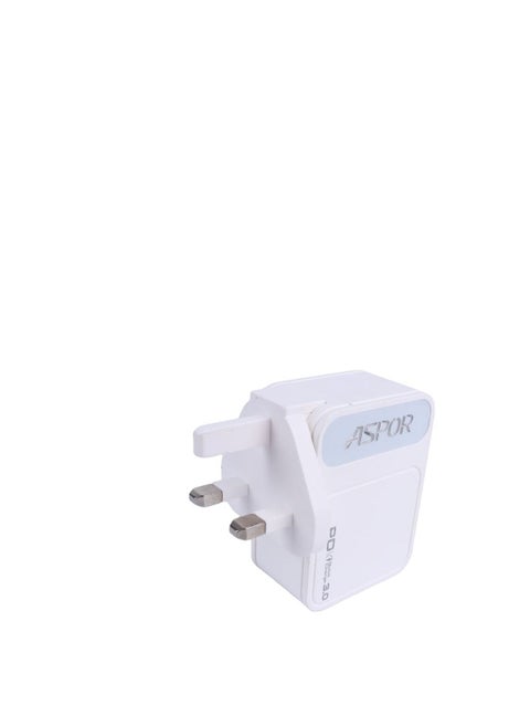 A838 Fast Charger PD 18WPlus QC 3.0 Plus IQ 2.4A Output EU PIN Plus LIGHTNING Cable-3 USB - White