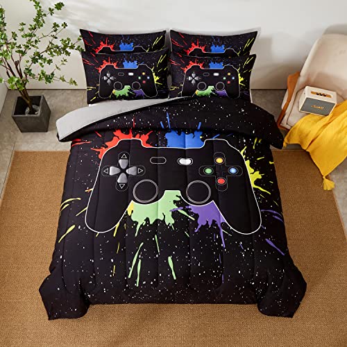 akkialla Gamer Comforter Sets Queen Size for Boys Teen,Game Controller Colorful Comforter with 2 Pillowcases, 3 Piece Video Gaming Bedding Set for Game Lovers,All Season(Black,Queen) - Image 2