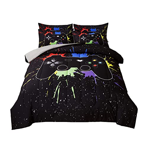 akkialla Gamer Comforter Sets Queen Size for Boys Teen,Game Controller Colorful Comforter with 2 Pillowcases, 3 Piece Video Gaming Bedding Set for Game Lovers,All Season(Black,Queen) - Image 1