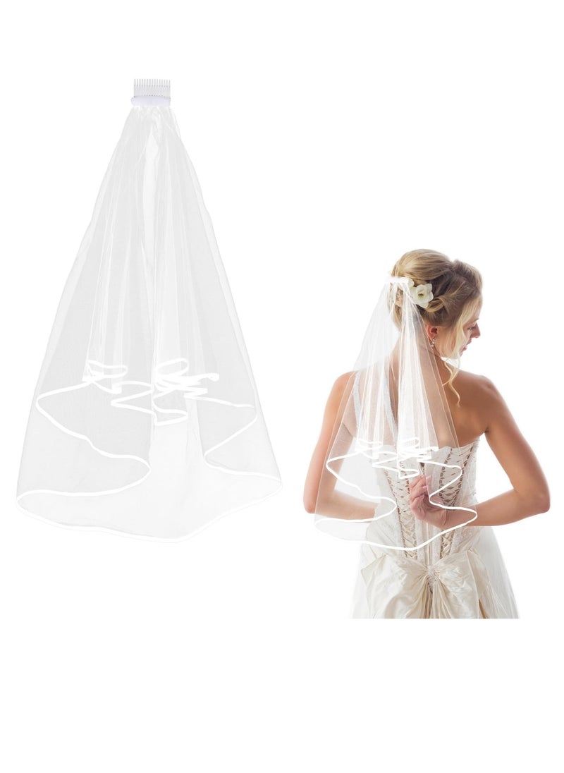 General Short Wedding Bridal Veil with Comb, 2 Layers Tulle Bridal Veil Wedding Veil Ribbon Edge 60-80cm White Veil with Hair Comb Bachelorette Party Bridal Veil  - Image 1