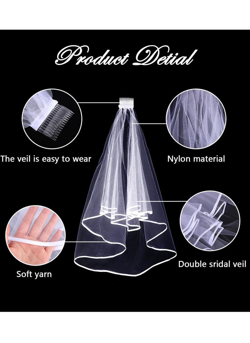 General Short Wedding Bridal Veil with Comb, 2 Layers Tulle Bridal Veil Wedding Veil Ribbon Edge 60-80cm White Veil with Hair Comb Bachelorette Party Bridal Veil  - Image 2