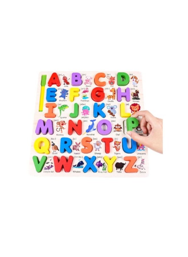 Clicko Wooden Illustrated Alphabet Jigsaw Puzzle for Kids - 26 Letters, Color-Coded Peg Board Toy