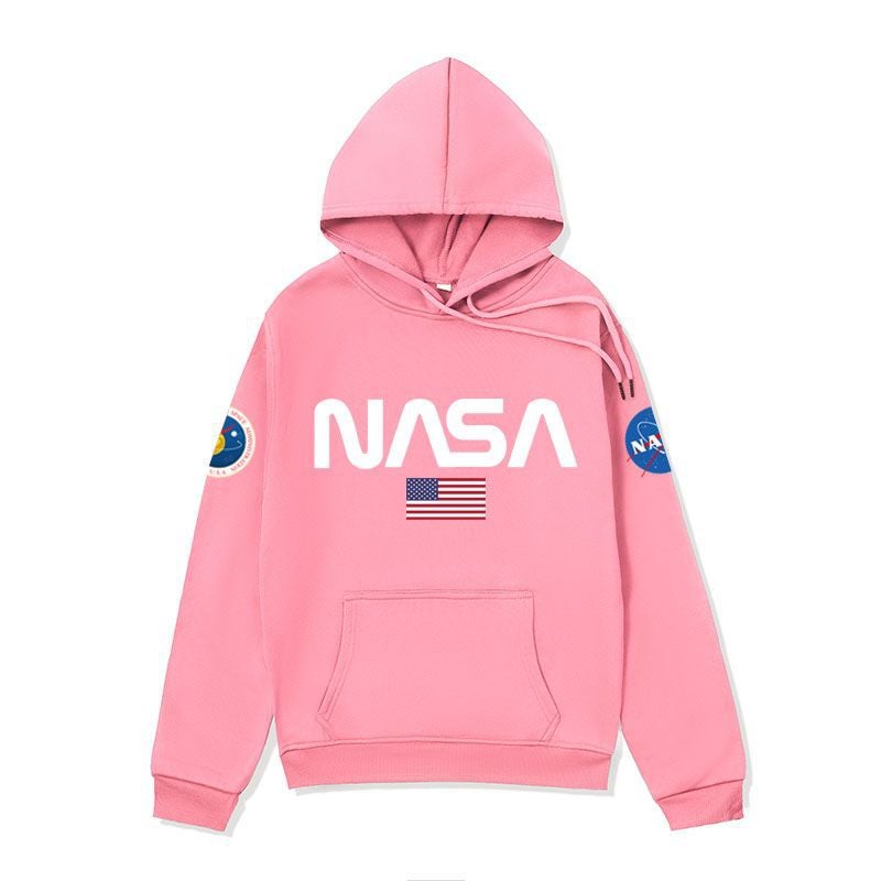 European and American fashion brand NASA series sweater mens American hoodie autumn and winter fleece-lined couple coat hoodies Pink-white label 