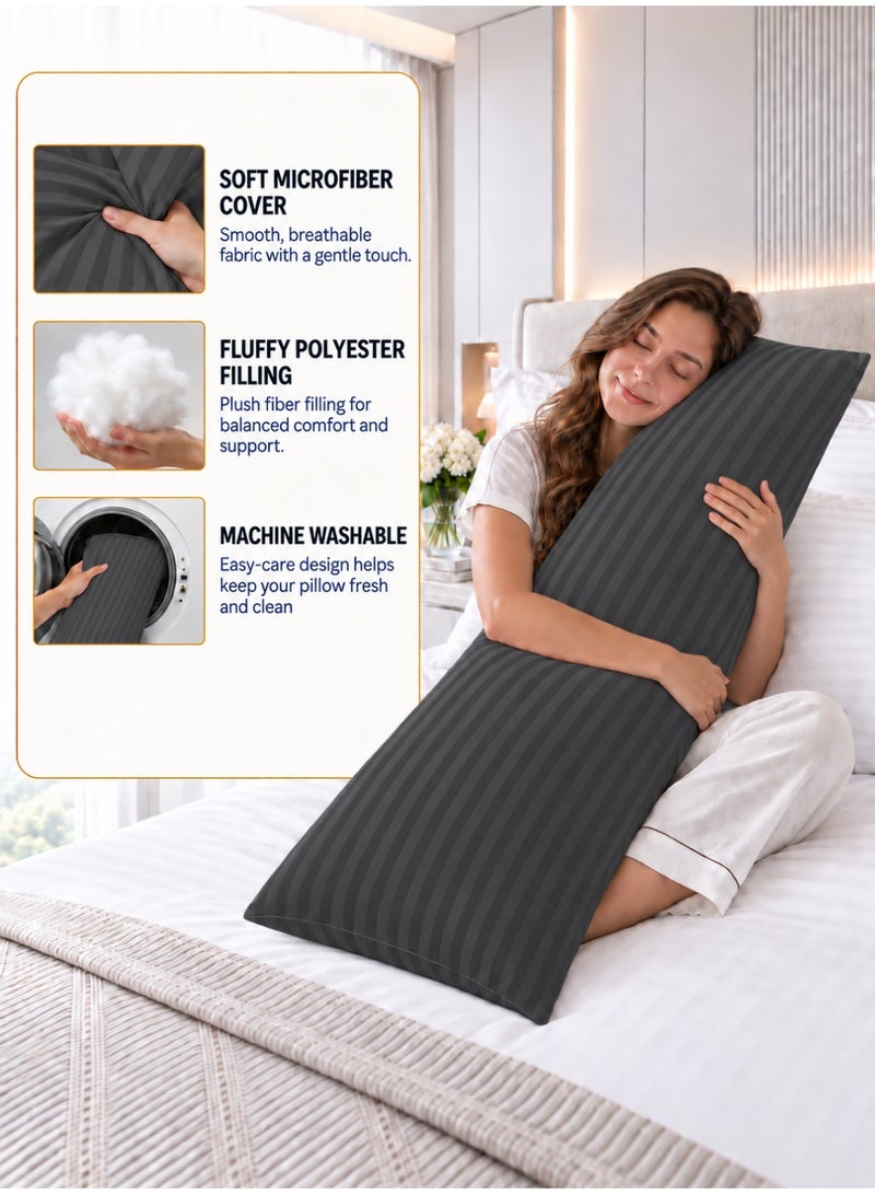 Hotel Linen Klub Krude Long Body Pillow 1pc, Fabric: 100% Polyester 85 GSM Microfiber 1 cm Stripe Super Soft, Filling: 1300 gm Hollow Fiber Comfort, Breathable & Ultra Soft , Size: 45 x 120 cm, Color: Dark Grey - Image 4