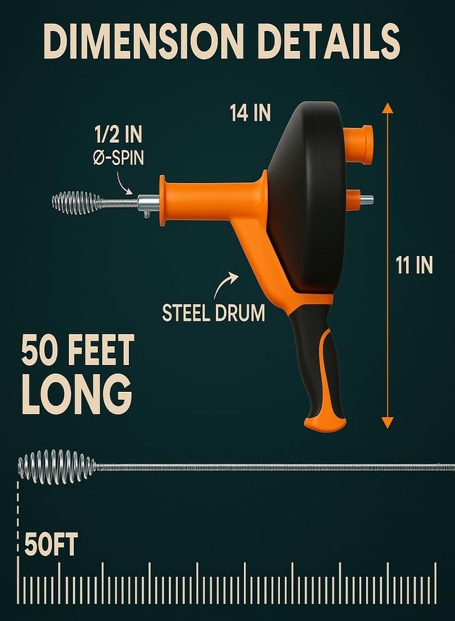 musbus 50 FT Drain Snake Hair Drain Clog Remover, Automatic, Orange - Image 4