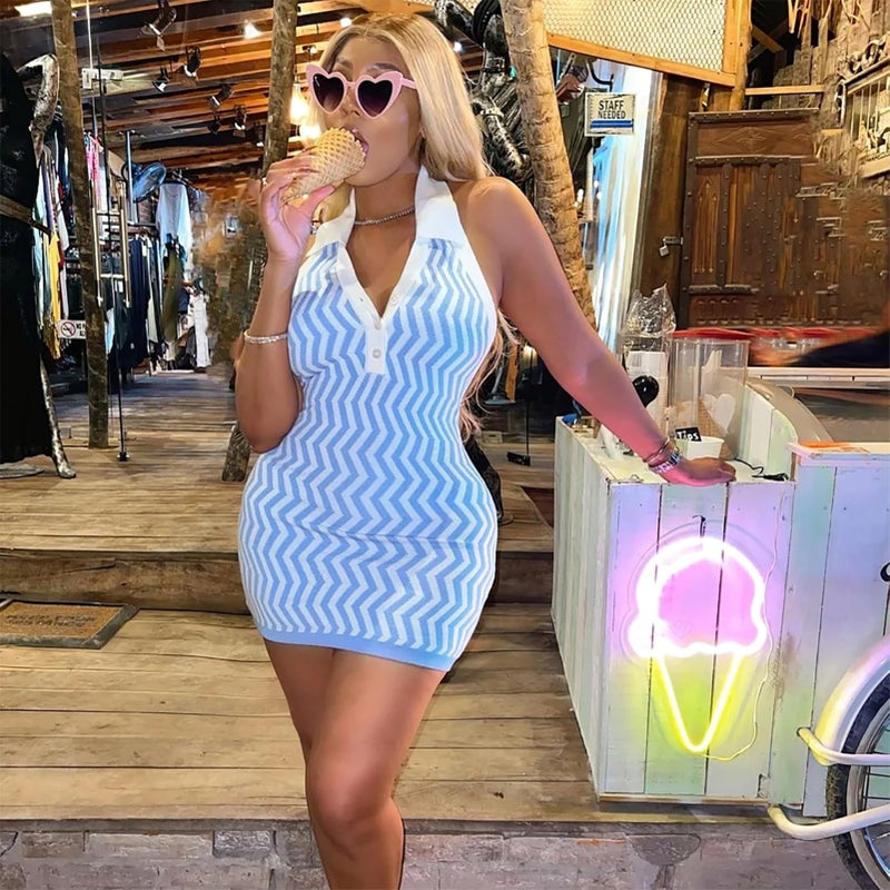 Ryehack Womenâ€™s Summer Halter Mini Dress Backless Sundress Striped V Neck Bodycon Beach Vacation Sexy Birthday Club Outfits Blue - Image 2
