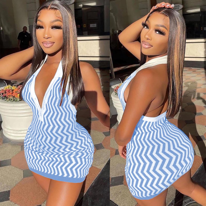 Ryehack Womenâ€™s Summer Halter Mini Dress Backless Sundress Striped V Neck Bodycon Beach Vacation Sexy Birthday Club Outfits Blue - Image 5