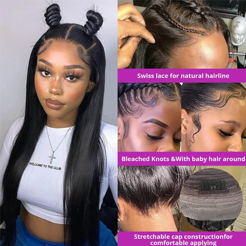 Pizazz Straight Lace Front Wigs Human Hair 180 Density Brazilian Human Hair Wigs for Black Women Pre Plucked Natural Hairline Wigs with Baby Hair 22 inch - Image 2
