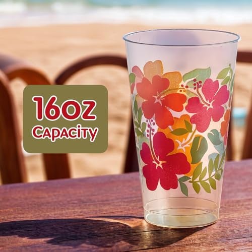 Amscan Clear With Multicolor Hibiscus Print Plastic Tumblers - 16 oz (Pack of 26) - Perfect For Parties & Tropical-Themed Events - Image 5
