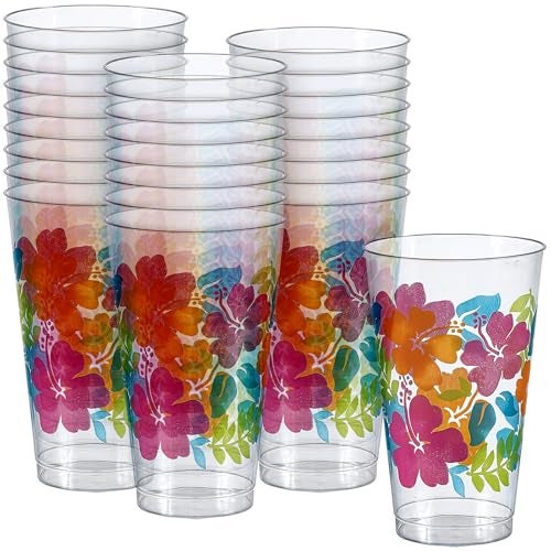 Amscan Clear With Multicolor Hibiscus Print Plastic Tumblers - 16 oz (Pack of 26) - Perfect For Parties & Tropical-Themed Events - Image 1