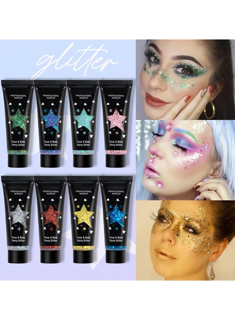 KASTWAVE 8 PCS Face & Body Glitter Gel Set - Mermaid Flakes Chunky Sequins for Eyes, Lips, Hair, Nails, 30ml - Festival Chunky Glitter Accessory - Image 3