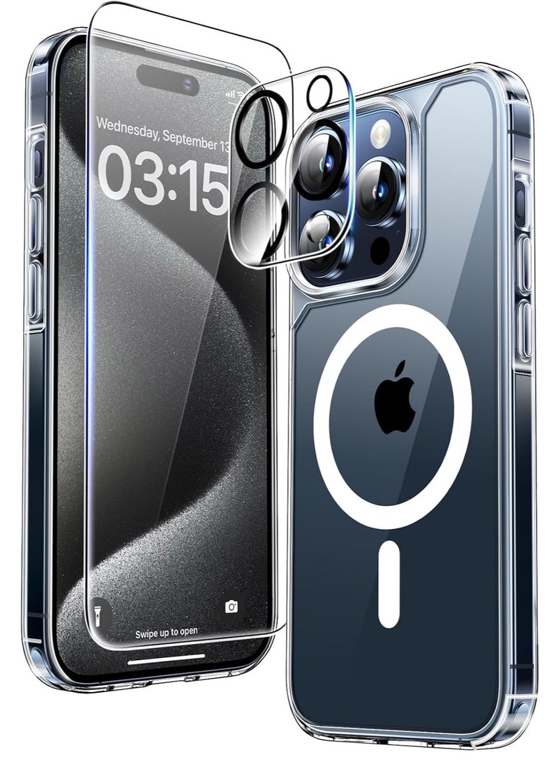 إلترازون 5-in-1 Magnetic Clear Case for iPhone 15 Pro 6.1-Inch – Includes 2 Screen Protectors, 2 Camera Lens Protectors, MagSafe Compatible, 12 FT Drop Protection - Image 1