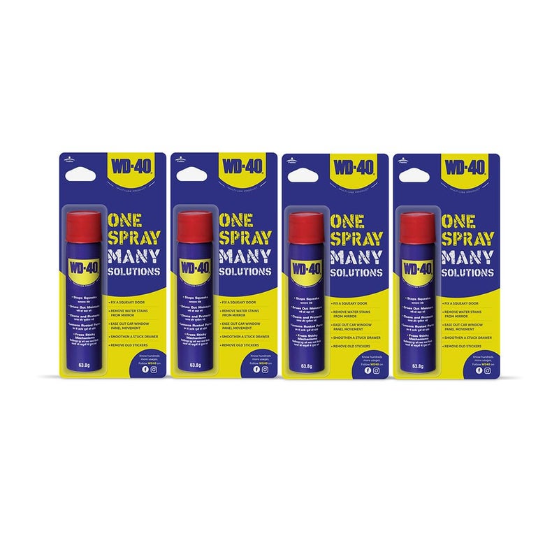 WD40 رذاذ متعدد الاستخدامات لتحسين المنزل، يحرر الأقفال العالقة وأجزاء الصدأ، مزيل لاصق، تنظيف الشوايات والمواقد، عامل حماية - متعدد الاستخدامات للمنزل والعمل وأغراض الأعمال اليدوية، 63.8 جرام، عبوة من 4 - Image 1