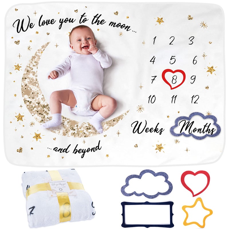 ODOXIA Baby Milestone Blanket | Newborn Photo Mat for Boy or Girl, Unisex | Baby Age Blanket | Personalized Moon & Stars Theme | Soft, Thick & Comfortable | Includes Coloured Frames - Image 1