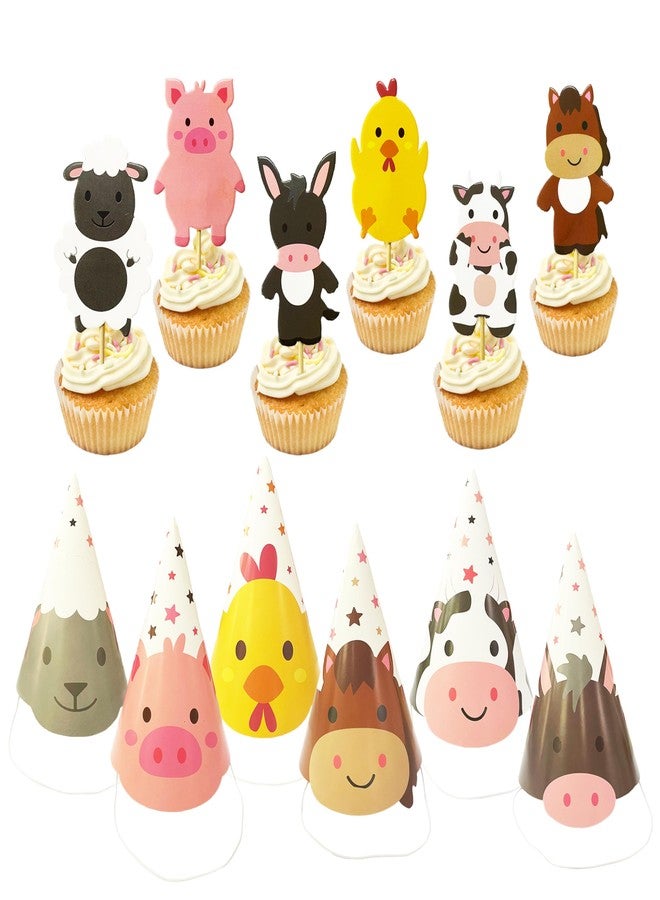 TSJ 24PCS Animal Themed Costume Hats Birthday Party Headband, Farm Cupcake Toppers for Farm Themed Party Favors - Image 1
